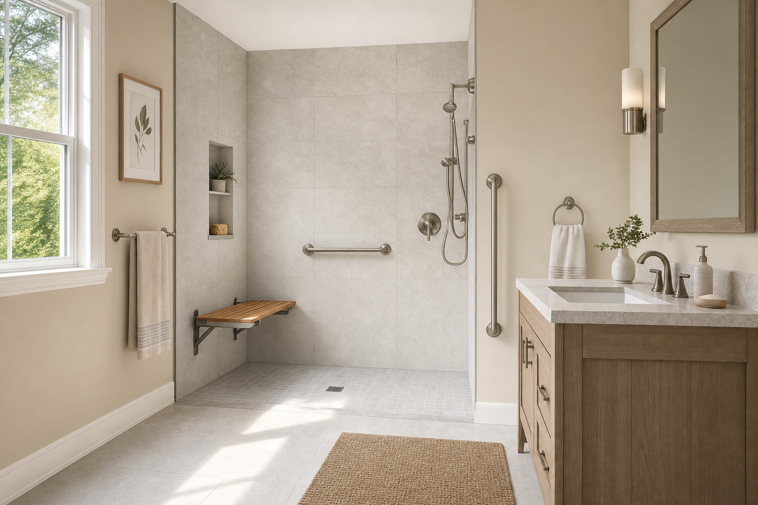 Accessible ADA-compliant bathroom with curbless walk-in shower and grab bars