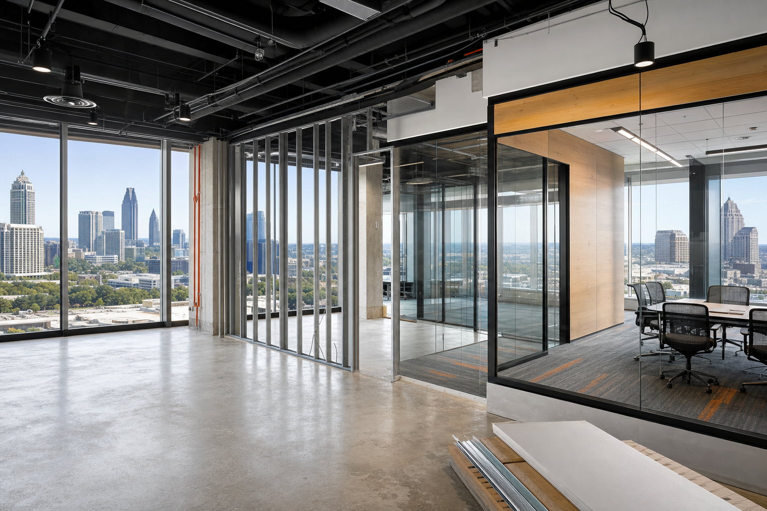 Commercial buildout interior under construction with clean modern finishes