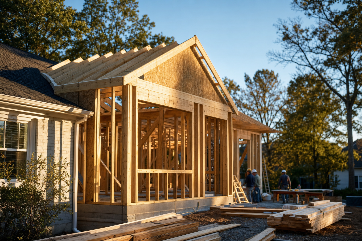 Construction site progress with framing and tradespeople working