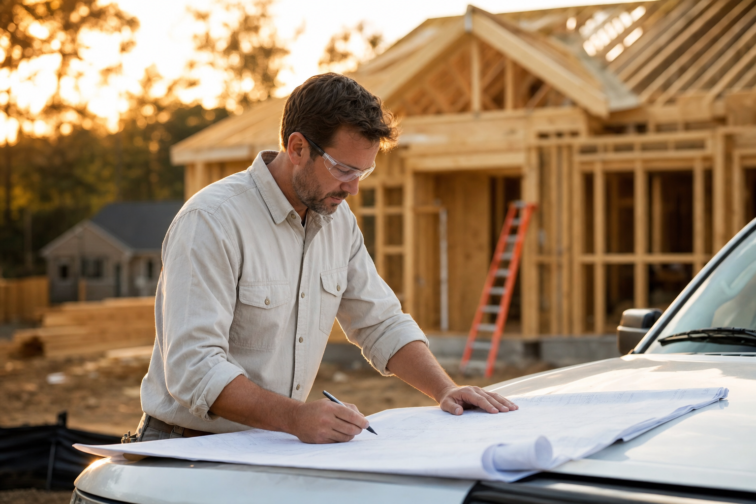 Licensed general contractor reviewing blueprints at an Atlanta residential job site